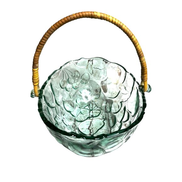 Vintage Libbey Orchard Fruit Green Tint Embossed Oval Bowl Basket - Picture 9 of 11